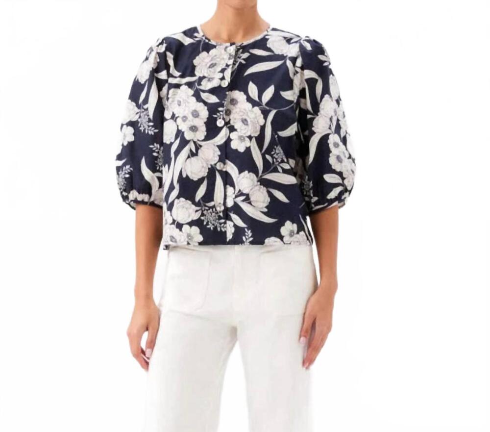NEW KAREN KANE puff sleeve button front top in floral print